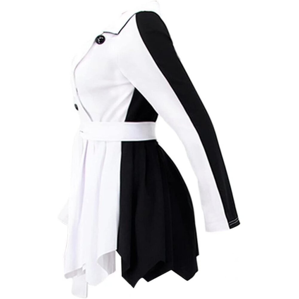 Women White Two Tone V Neck Double Breasted Peplum Belted Blazer Mini Dress - Picture 4 of 5